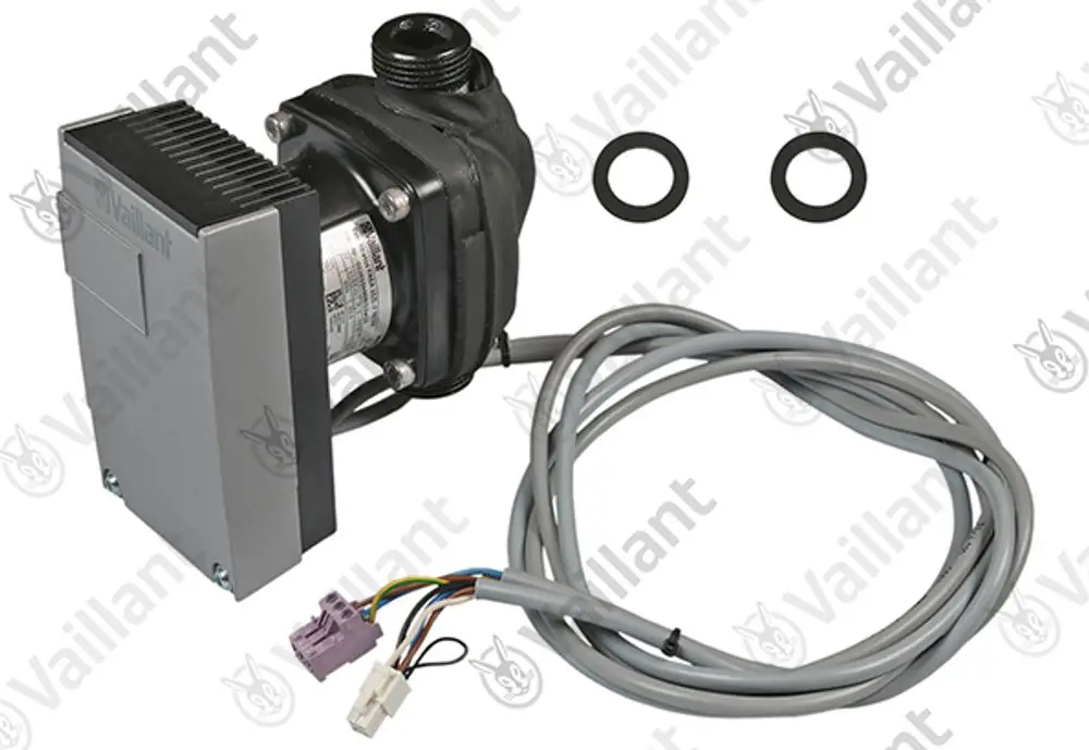 Vaillant Pumpe mit einem Antrieb, mehreren Anschlusskabeln und Dichtungen. Komponenten zur Verwendung im Solekreis-Heizsystem.